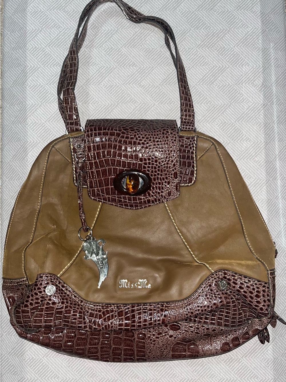 Miss Me Two-Tone Brown Croc-Accent Shoulder Bag